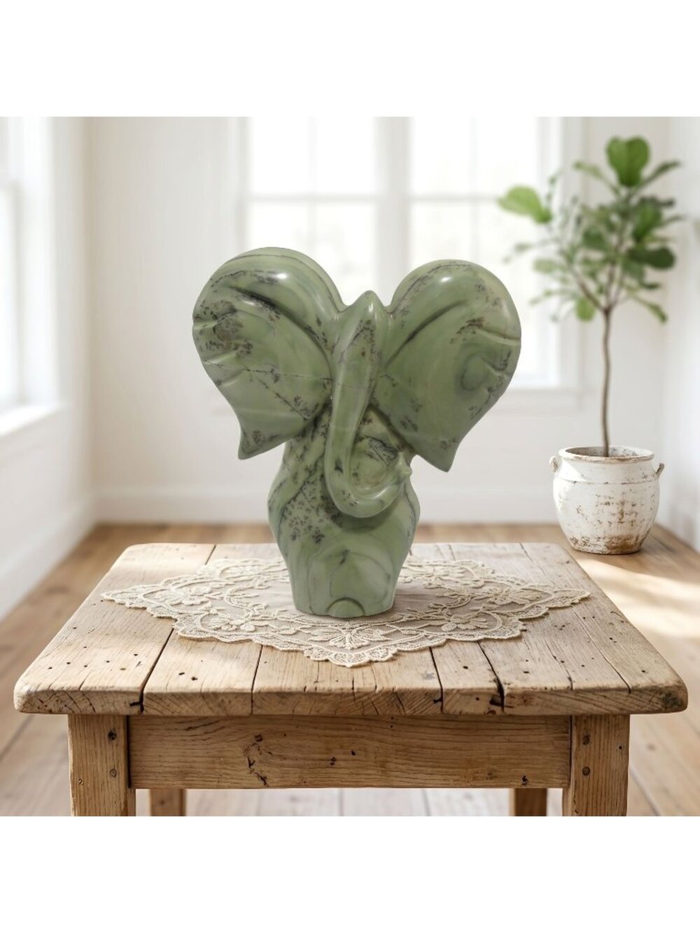 Stone Elephant Hand Carved from Butter Jade Stone in South Africa Signed 9.4"